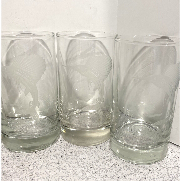 Vintage Cocktail Glasses Game Fish Swordfish Sport Fishing Barware Set of 5 - Picture 7 of 8
